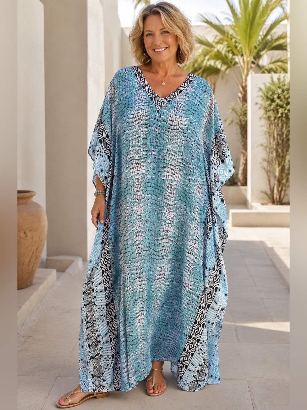 Winlar 2X 3X One Size Kimono Kaftan Satin Floral Maxi Dress Boho Beach Vacay
